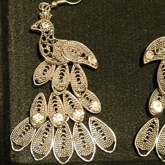 Silver & Rhinstone Peacock Dangle Earrings, never worn - Picture 2 of 2